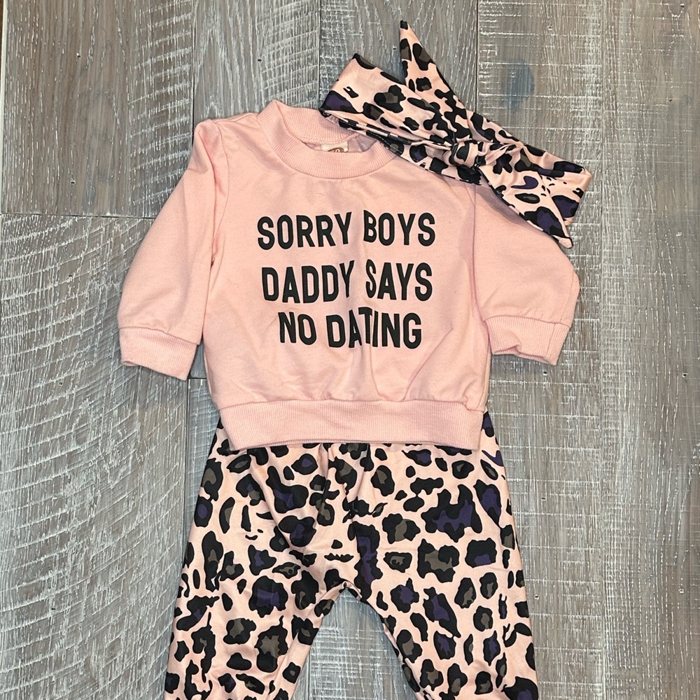 Cute Pink Baby Outfit with Leopard Print “Sorry Boys, Daddy Says No Dating”